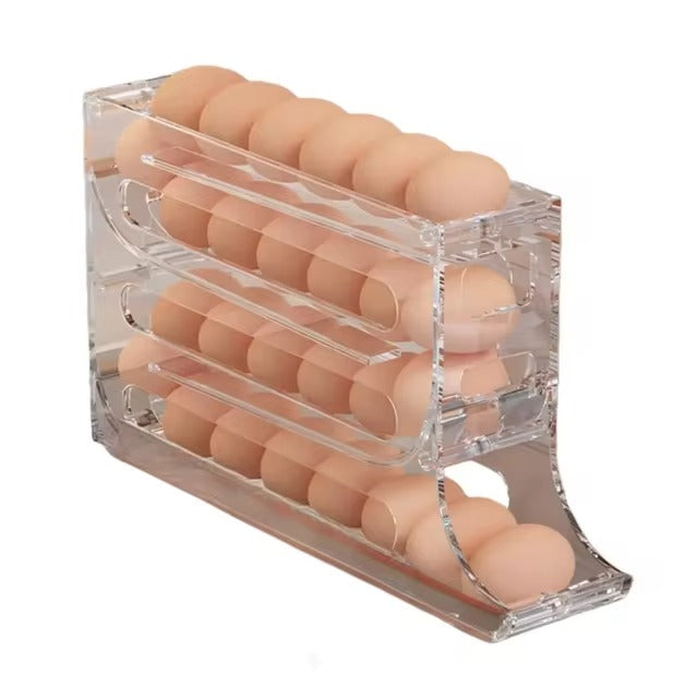 4-tier rolling egg storage box, automatic egg holder dispenser for refrigerator, ideal kitchen organizer.
